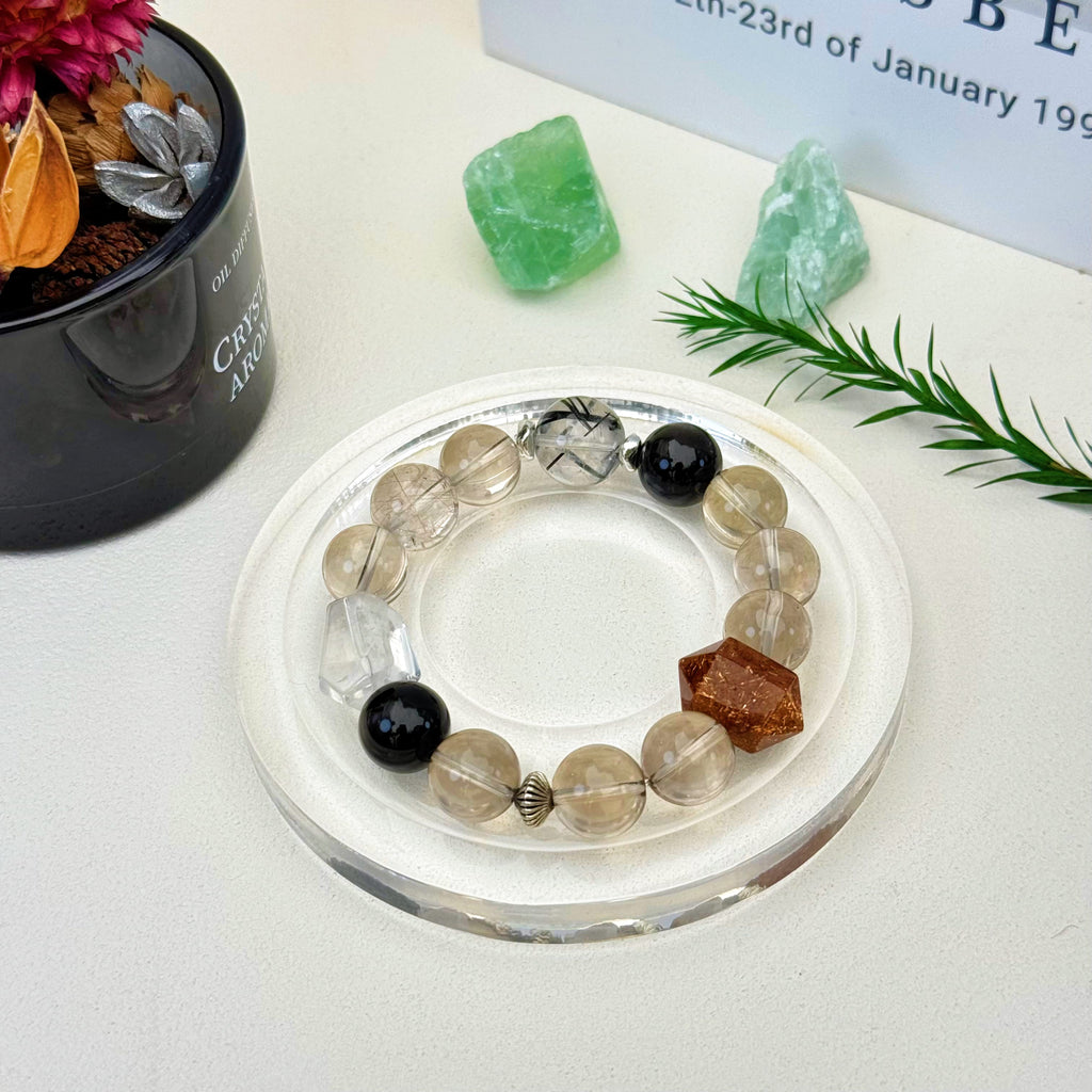 Aurlin Aurlin Stability & Transformation Bracelet – Smoky Quartz, Silver Sheen Obsidian, Gold Rutile & Black Tourmaline